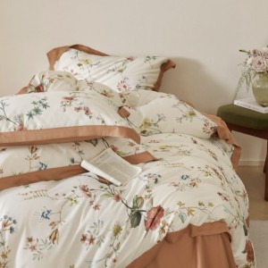 White and brown floral digital print rounded corner bed sheet  light luxury cotton bedding set