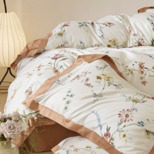 White and brown floral digital print rounded corner bed sheet  light luxury cotton bedding set