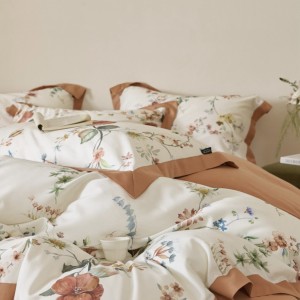 White and brown floral digital print rounded corner bed sheet  light luxury cotton bedding set