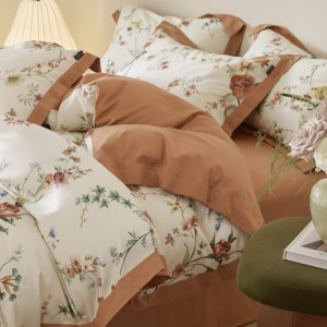 White and brown floral digital print rounded corner bed sheet  light luxury cotton bedding set