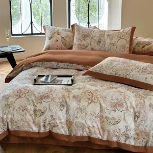 European style simple digital printing brown wide edge four pieces bedding set