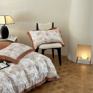 European style simple digital printing brown wide edge four pieces bedding set