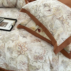 European style simple digital printing brown wide edge four pieces bedding set