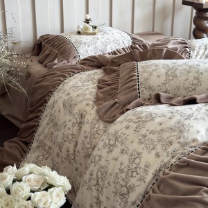 Premium quality 230gsm milk velvet home textiles white lace duvet cover bedding set wholesaler