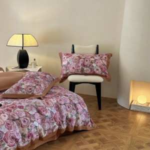 Tencel cotton wide-edge digital printed quilt cover pink brown queen/king size bedding set