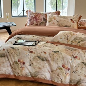 High quality Tencel cotton digital printed wide-edge quilt cover brown bedding set