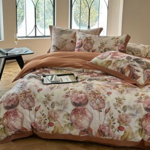 Premium brown wide-edge digital printed cotton 4-piece bedding set