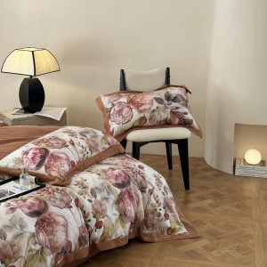 Premium brown wide-edge digital printed cotton 4-piece bedding set