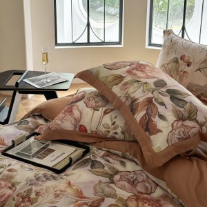 Premium brown wide-edge digital printed cotton 4-piece bedding set