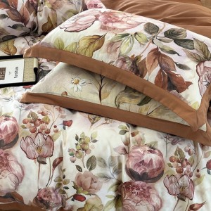 Premium brown wide-edge digital printed cotton 4-piece bedding set