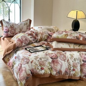 Premium brown wide-edge digital printed cotton 4-piece bedding set