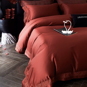 New simple red 100S long-staple cotton hot diamond craft high-end four-piece lace bedding set