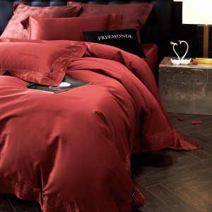 New simple red 100S long-staple cotton hot diamond craft high-end four-piece lace bedding set