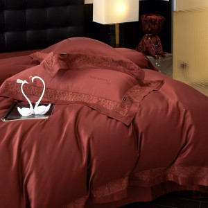 New simple red 100S long-staple cotton hot diamond craft high-end four-piece lace bedding set