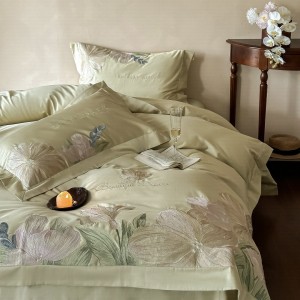 Green 100S long-staple cotton four-piece high class embroidery soft bedding set