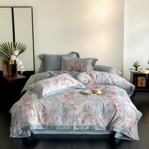 Light luxury American style 100 long-staple cotton brushed blue and pink digital printing bedding set