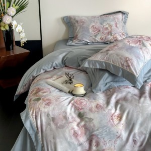 Light luxury American style 100 long-staple cotton brushed blue and pink digital printing bedding set