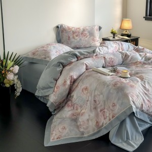 Light luxury American style 100 long-staple cotton brushed blue and pink digital printing bedding set