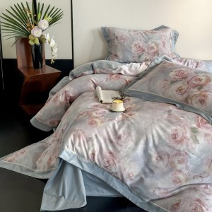 Light luxury American style 100 long-staple cotton brushed blue and pink digital printing bedding set