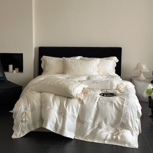 High quality embroidery home textiles white lyocell cotton bed sheet jacquard bedding set wholesaler