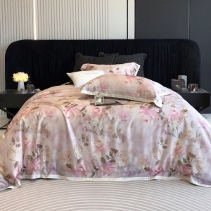 Pastoral style lyocell cotton home textiles plant digital printing duvet cover pink bedding set wholesaler