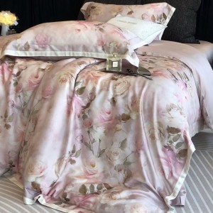 Pastoral style lyocell cotton home textiles plant digital printing duvet cover pink bedding set wholesaler