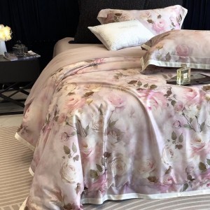 Pastoral style lyocell cotton home textiles plant digital printing duvet cover pink bedding set wholesaler