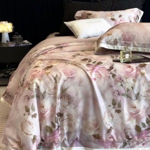 Pastoral style lyocell cotton home textiles plant digital printing duvet cover pink bedding set wholesaler