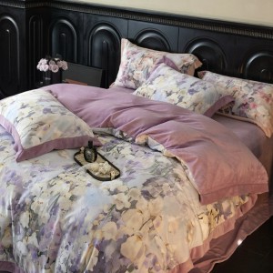 240g high-weight premium milk velvet 4pcs purple floral digital printed quilt cover pillowcases bedding set