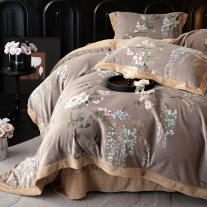 Brown digital printing high-weight milk velvet flat sheet duvet cover with 2 pillowcases warm fleece bedding set