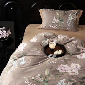 Brown digital printing high-weight milk velvet flat sheet duvet cover with 2 pillowcases warm fleece bedding set