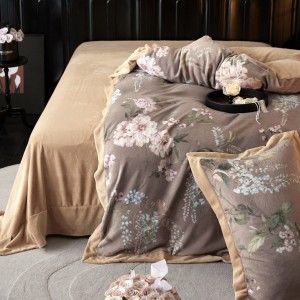 Brown digital printing high-weight milk velvet flat sheet duvet cover with 2 pillowcases warm fleece bedding set