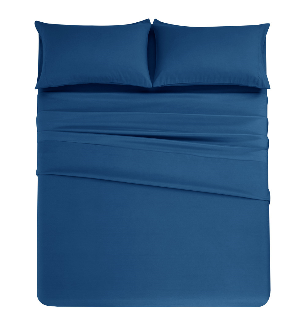 Navy Blue Simple Style Plain Printed Pillowcase Sanding Home Polyester Bed Fitted Bedsheet Set (1)