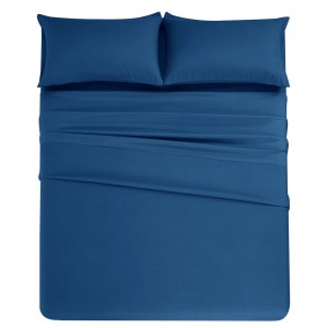 Navy Blue Simple Style Plain Solid Color Pillowcase Sanding Home Polyester Bed Fitted Bed Sheets