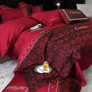 100s long-staple cotton wine red printed rose black and gold floral bedding set