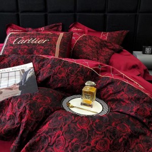 100s long-staple cotton wine red printed rose black and gold floral bedding set