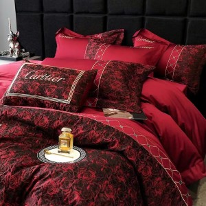 100s long-staple cotton wine red printed rose black and gold floral bedding set