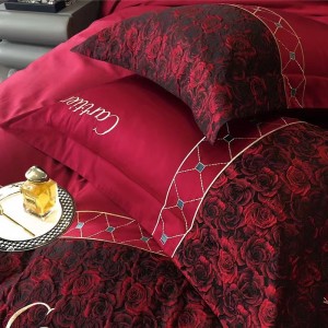 100s long-staple cotton wine red printed rose black and gold floral bedding set