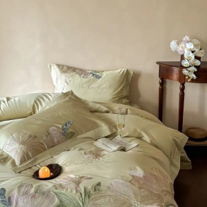 Blue pink embroidery pastoral French cotton high-end elegance bedding set