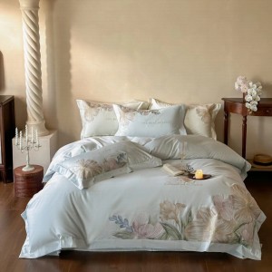 Blue pink embroidery pastoral French cotton high-end elegance bedding set