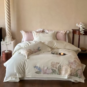 Blue pink embroidery pastoral French cotton high-end elegance bedding set