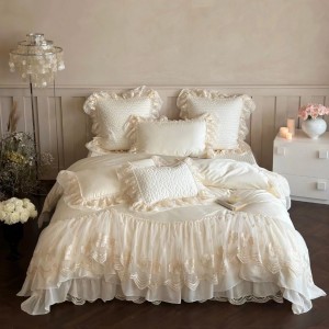 Long-staple cotton140s  pink and winter lace elegant pink white bedding set