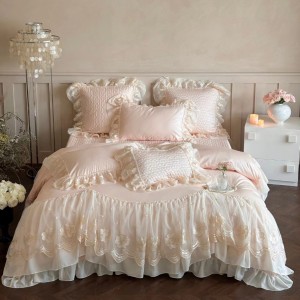 Long-staple cotton140s  pink and winter lace elegant pink white bedding set