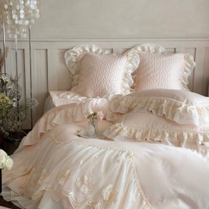 Long-staple cotton140s  pink and winter lace elegant pink white bedding set