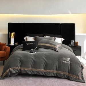 Imported milk velvet embroidery minimalist white gray warm bedding set