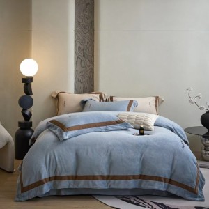 Long-staple cotton blue fine tencel wide edge embroidery solid color modern bedding set