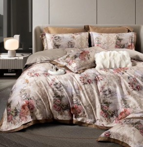 High-end pink 140 thread count pima cotton 4-piece printed bedding set