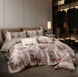 High-end pink 140 thread count pima cotton 4-piece printed bedding set