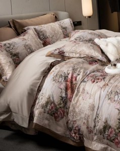 High-end pink 140 thread count pima cotton 4-piece printed bedding set