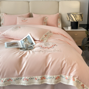 Light luxury 50-count long-staple cotton pink rose embroidery bedding set